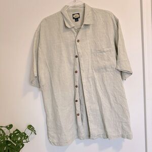 Vintage Tommy Bahama Men'sLight Green 100% Linen Shirt